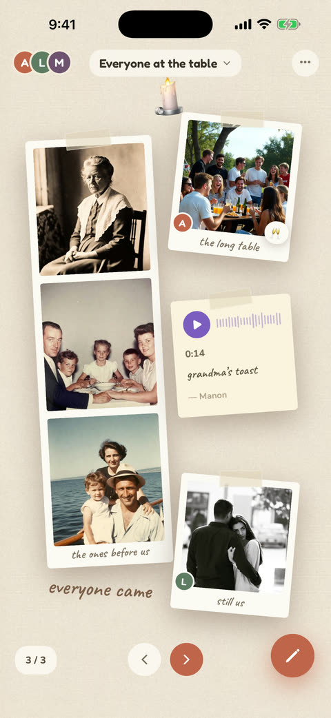 A page holding scanned vintage family photographs alongside a voice note.