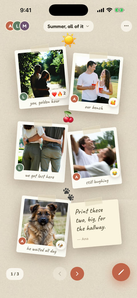A page of the book: photos taped down at slight angles with handwritten captions, a note, stickers and emoji reactions.